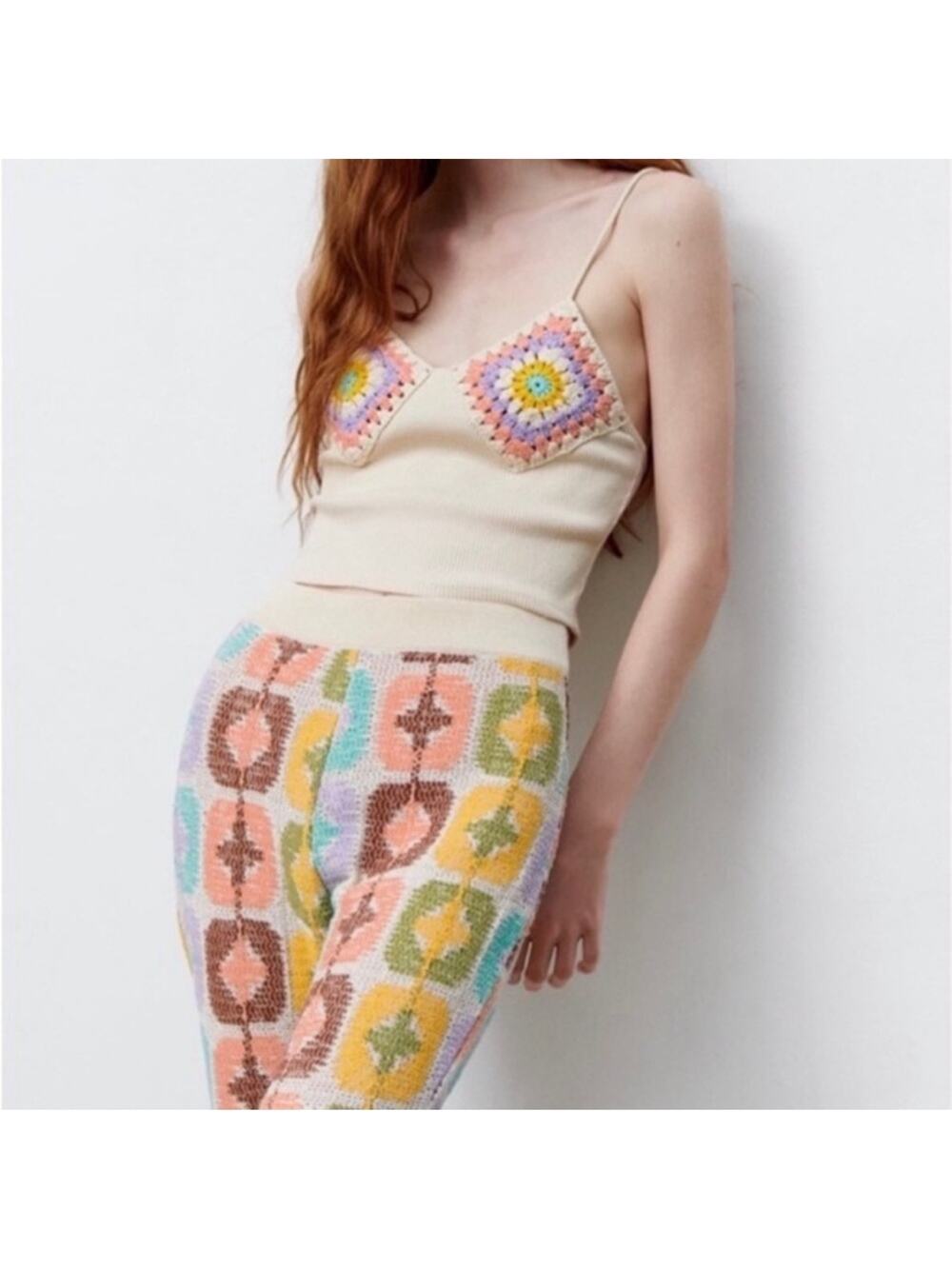 Zara Cream Crochet Granny Square Tank Top Ribbed Cropped